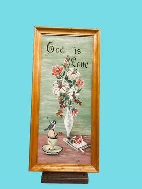 Vintage Artist signed Flowers Bird Egg Cup Painting